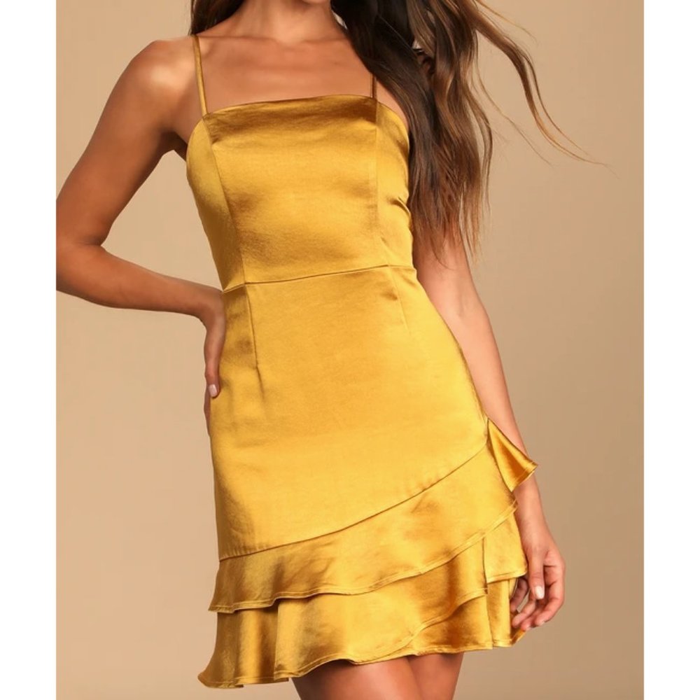 Dreams Come True Mustard Yellow Satin Ruffled Mini Dress Size S